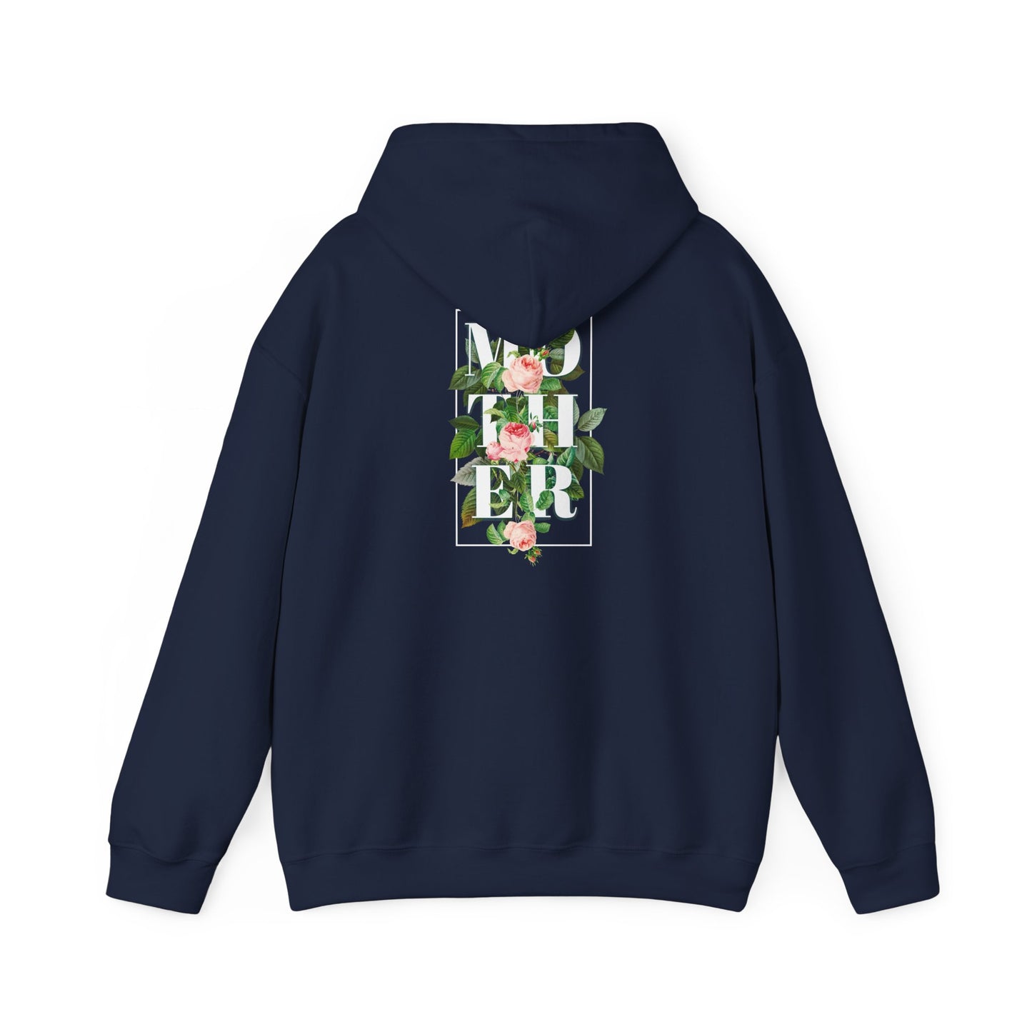 A sophisticated navy hoodie with a graceful back print displaying the word 'MOTHER', beautifully decorated with pink roses and green leaves, enclosed in an upscale square graphic.