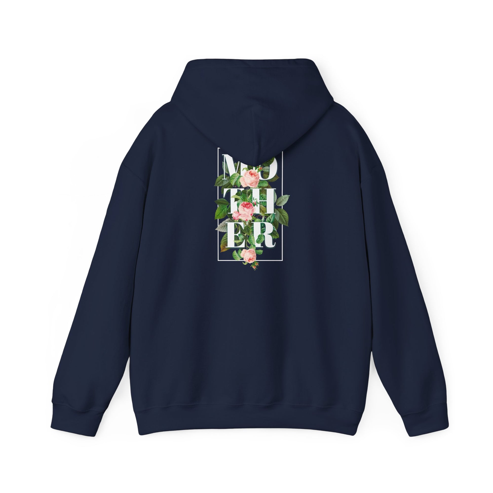 A sophisticated navy hoodie with a graceful back print displaying the word 'MOTHER', beautifully decorated with pink roses and green leaves, enclosed in an upscale square graphic.