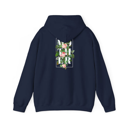 A sophisticated navy hoodie with a graceful back print displaying the word 'MOTHER', beautifully decorated with pink roses and green leaves, enclosed in an upscale square graphic.