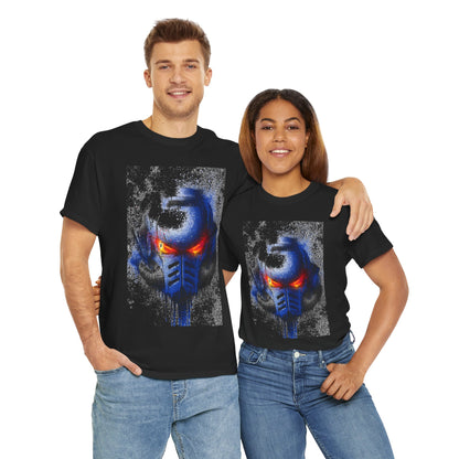 A couple both dressed in black graphic t-shirts featuring an eye-catching blue and red helmet design, highlighting a modern sense of style and shared passion.