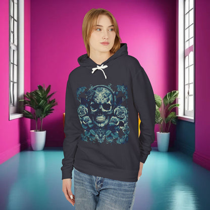 Skull and Roses Lightweight Hoodie showcased by a model, featuring an edgy design in a stylish dark colour, perfect for unisex streetwear enthusiasts.