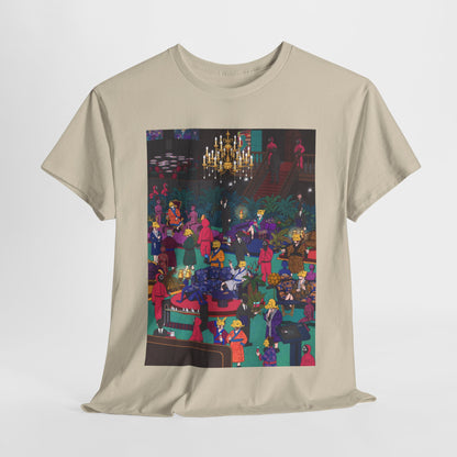 Luxurious Squid Game-inspired graphic tee for unisex, featuring a vivid and intricate design that showcases a lavish party scene. The artistic display is rich in colour and details, ideal for those who appreciate unique fashion statements that embody stylish rebellion.