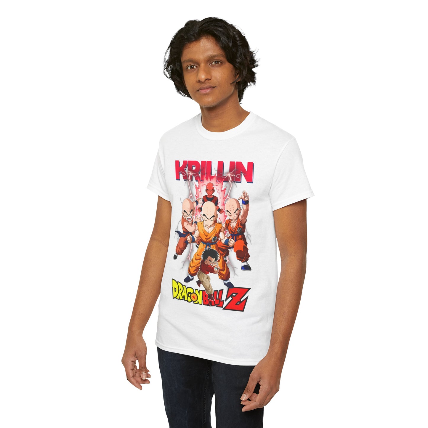 Another angle of a model showcasing the elegant white T-shirt with Krillin and Dragon Ball Z graphics, perfect for fans who appreciate stylish comfort.