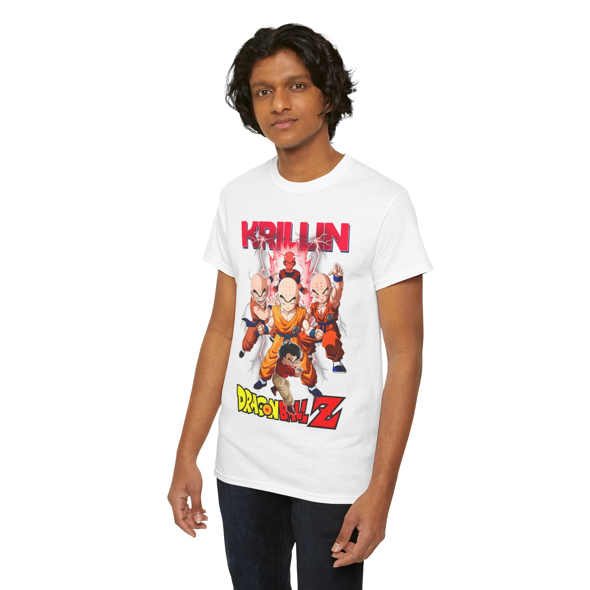 Another angle of a model showcasing the elegant white T-shirt with Krillin and Dragon Ball Z graphics, perfect for fans who appreciate stylish comfort.