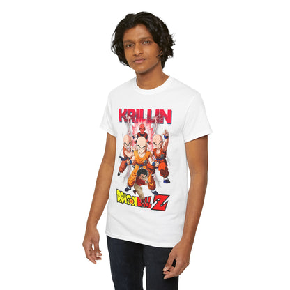 Another angle of a model showcasing the elegant white T-shirt with Krillin and Dragon Ball Z graphics, perfect for fans who appreciate stylish comfort.