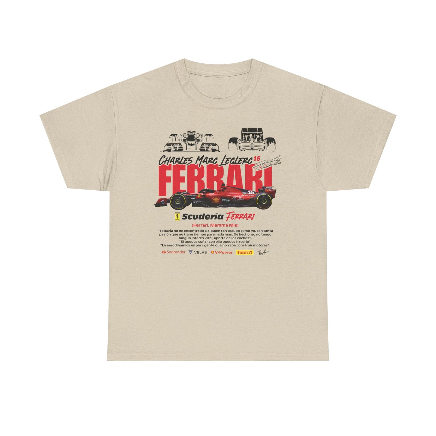 Luxurious beige men's Scuderia Ferrari F1 T-shirt featuring Charles Leclerc's 16 racing design, showcasing a bold red Ferrari car and iconic racing imagery.