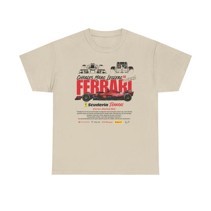 Luxurious beige men's Scuderia Ferrari F1 T-shirt featuring Charles Leclerc's 16 racing design, showcasing a bold red Ferrari car and iconic racing imagery.