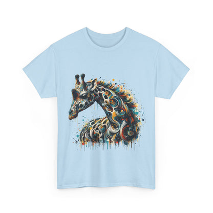 Artistic front view of the Fantasy Art Giraffe Graphic T-Shirt in blue, showcasing a vibrant giraffe illustration that elevates urban streetwear.