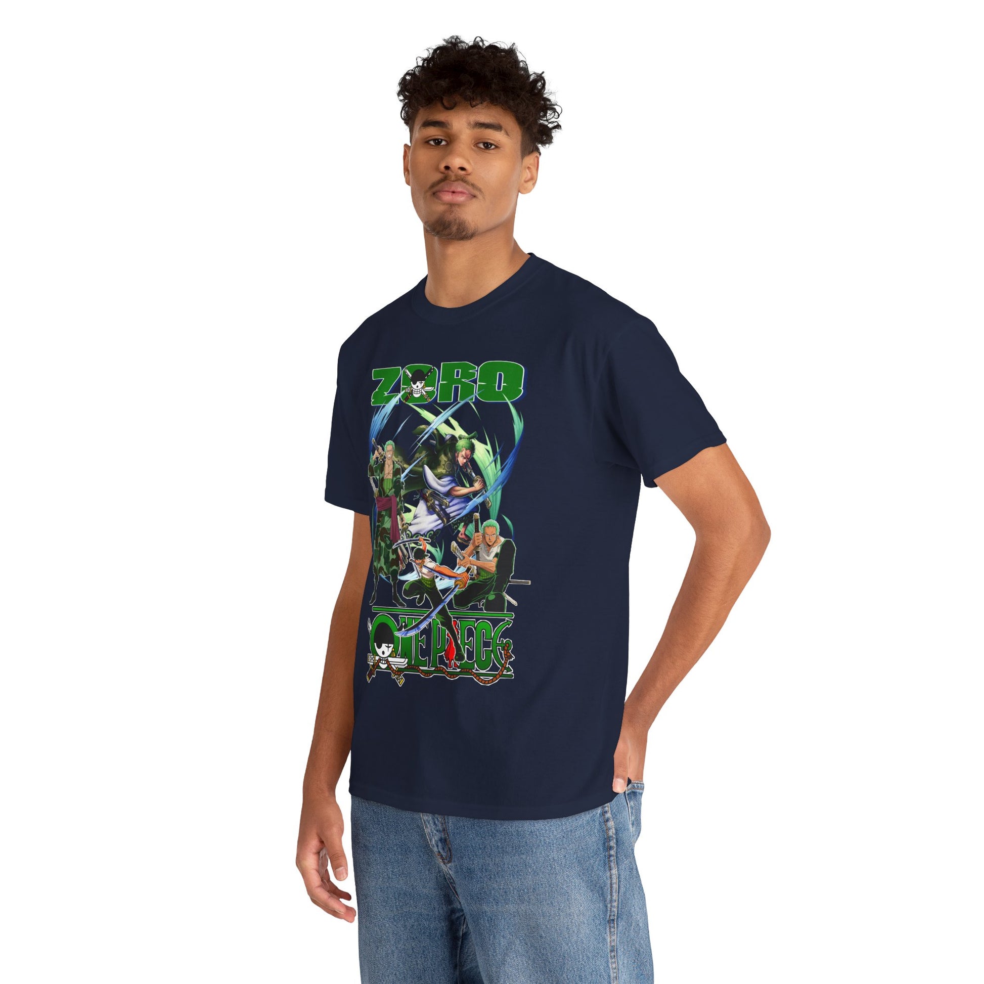 Stylish male model showcasing a navy blue One Piece T-shirt adorned with Zoro and crew, blending anime culture with modern fashion.