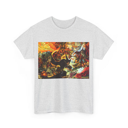 Front view of the Discworld Equal Rites Graphic Unisex Tee featuring vibrant artwork inspired by Terry Pratchett, a masterpiece for fans of fantasy literature.