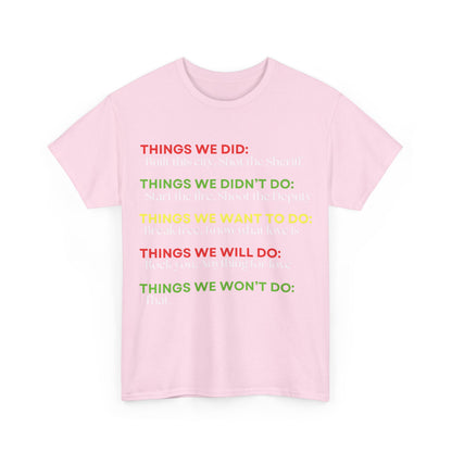 Rock Anthems Tribute Unisex Cotton T-Shirt Graphic Tee showcasing vibrant design with powerful lyrics on a soft pink background.