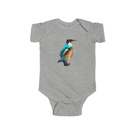 Cute Penguin Bodysuit in grey hue featuring a stylish geometric penguin design, perfect for infants and baby fashion.