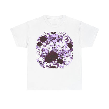Skulls and Roses Cotton Tee, a luxurious unisex graphic shirt featuring an exquisite design of skulls intertwined with delicate roses in shades of purple on a white background.