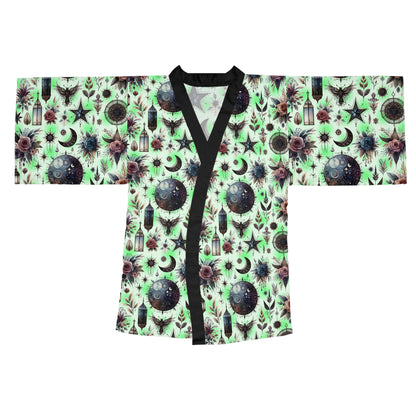 Floral Kimono Robe displayed flat, showcasing the beautiful mint green floral print with black accents, ideal for a boho chic fashion statement.