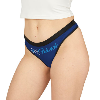Luxury women's OnlyFriends thong panties in a vibrant blue with contrasting black waistband, showcasing a playful design with elegant cursive lettering, perfect for confident and modern women.