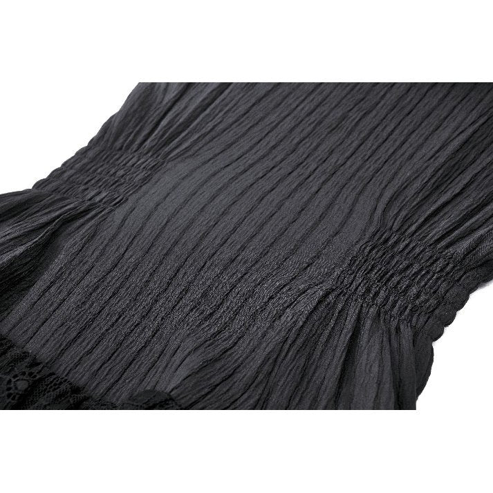 Button-down front and subtly corseted seams of the black gothic dress, designed for a flattering fit and timeless allure.