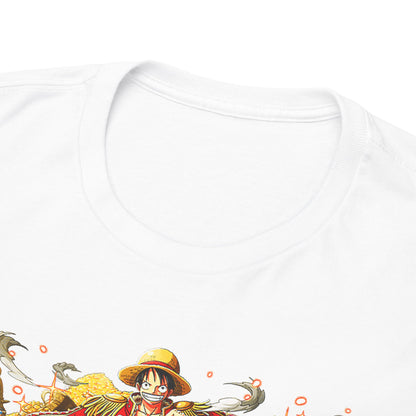 Close-up of a sophisticated t-shirt collar, highlighting the premium fabric quality and intricate anime graphic design that captures the essence of adventure, perfect for discerning fashion enthusiasts.