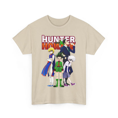 Front view of Hunter x Hunter T-shirt in beige, featuring striking artwork of beloved characters, a luxurious addition to any anime-inspired wardrobe.