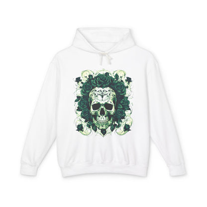 Unisex Lightweight Hooded Sweatshirt in white, presenting a unique designer skull and roses pattern, beautifully arranged on a minimalistic background.