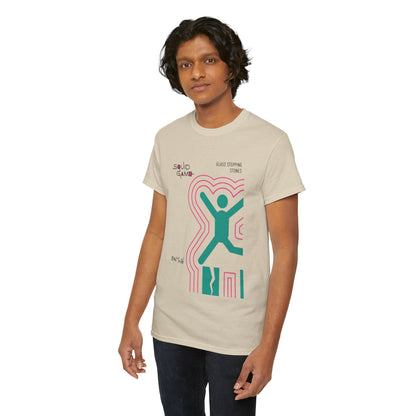 Trendsetting male model in a Squid Game inspired graphic t-shirt, displaying the playful 'Glass Stepping Stones' theme, perfect for bold fashion statements.