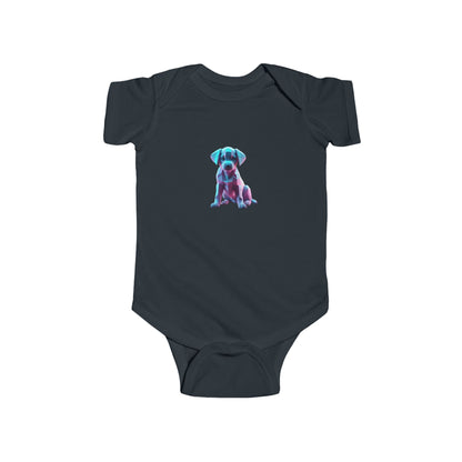 Puppy Bodysuit featuring a geometric puppy design on a dark background, ideal for infants. Luxury baby romper available in five vibrant colours.