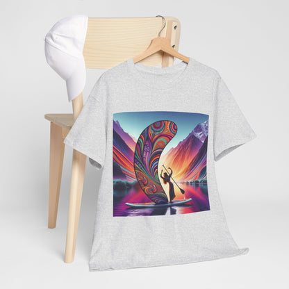 Luxury Paddleboard Adventure T-Shirt displayed on a wooden hanger next to a cap, showcasing its vibrant paddleboarding artwork and casual aesthetics.