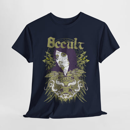 Stylish navy graphic t-shirt displayed flat, highlighting exquisite artwork with a mystical theme and the word 'Occult'.