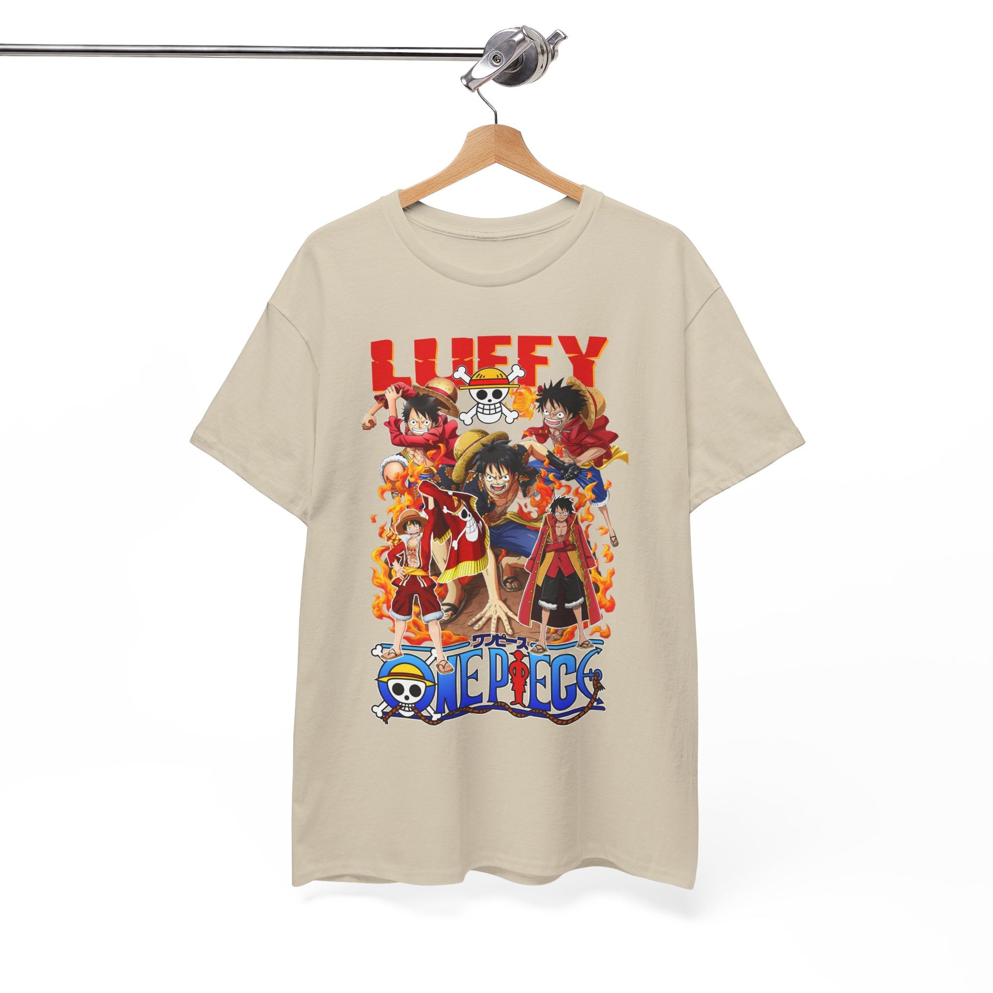 Elegant One Piece t-shirt on display, highlighting vividly printed characters in a fashionable setting, ideal for fans of high-quality anime attire.