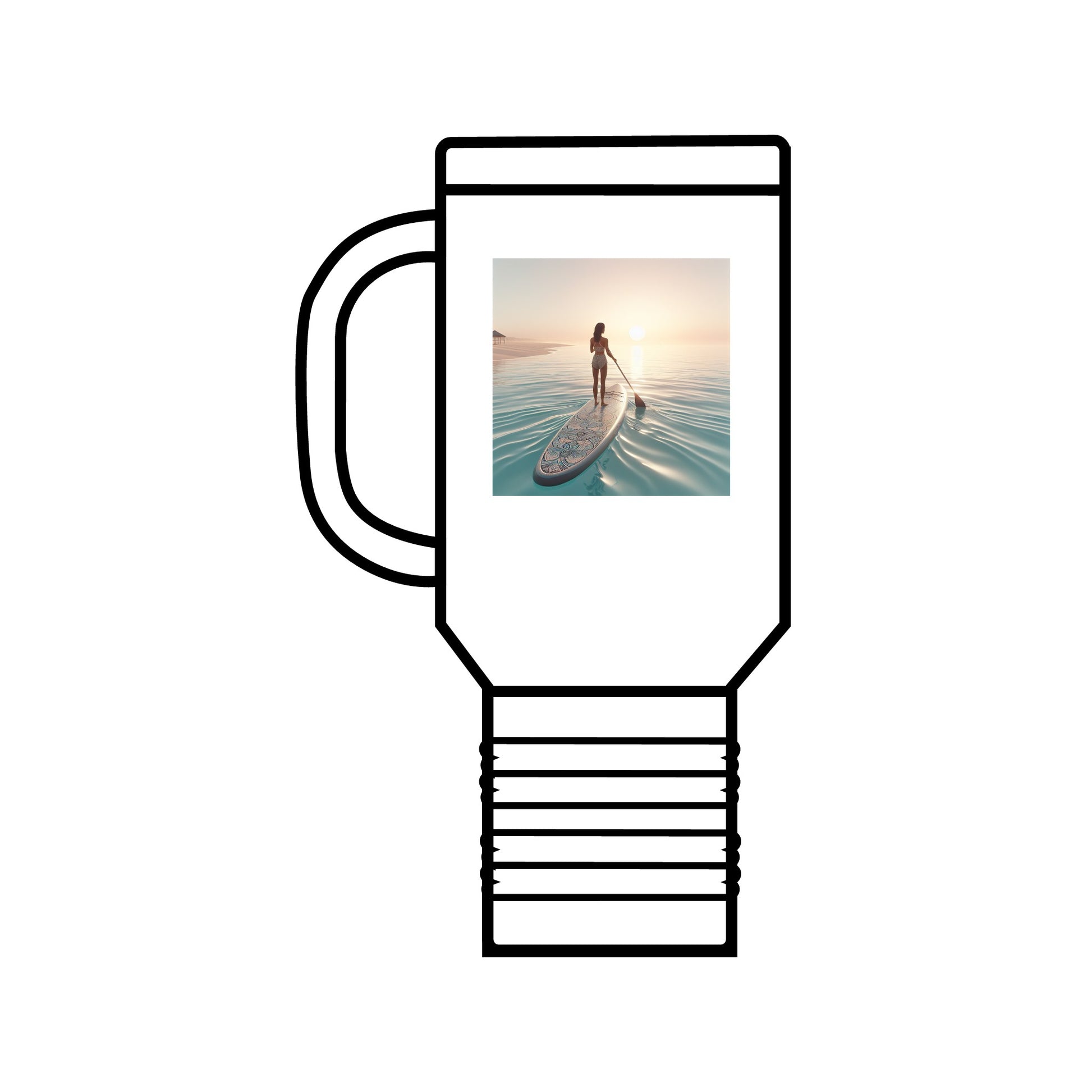 Fantasy Paddleboarding 40oz Insulated Travel Mug in white, elegantly displaying a beautiful paddleboarding scene, ideal for luxury adventurers.