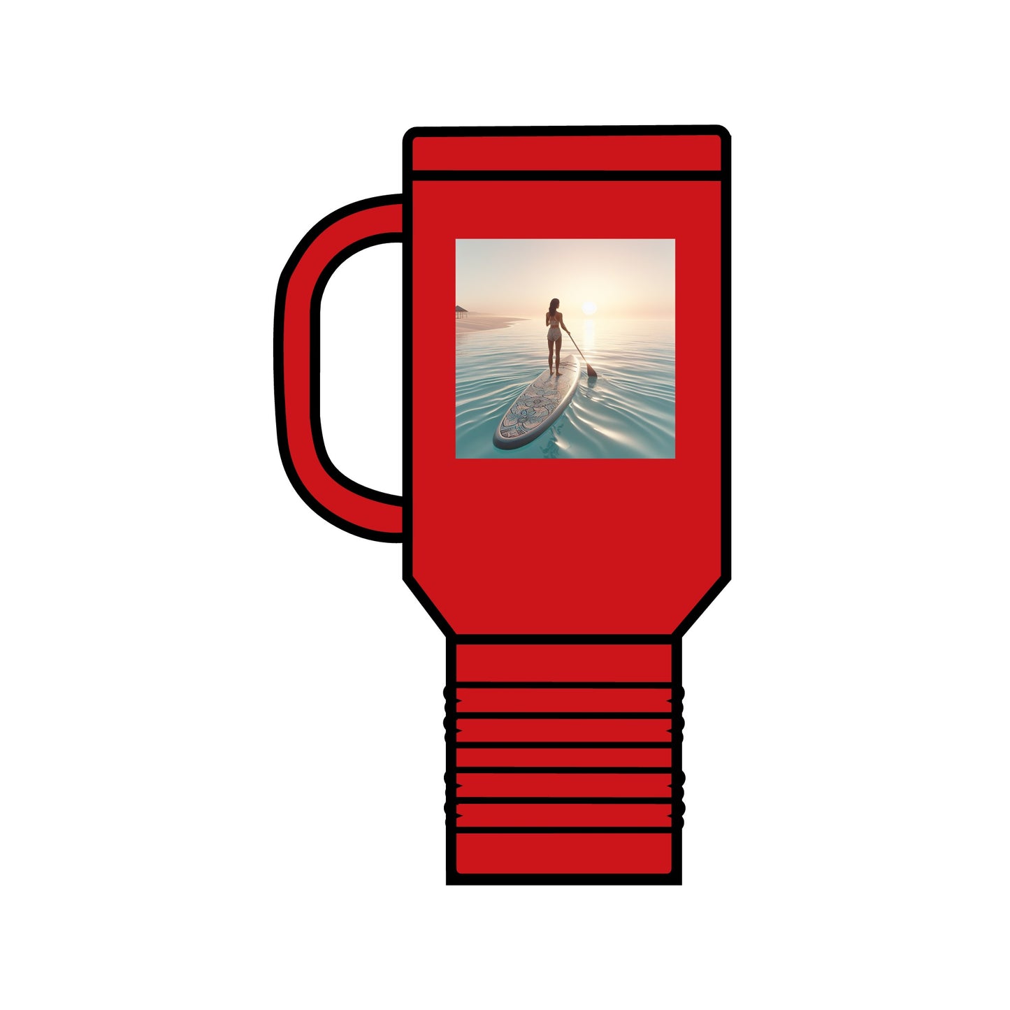 Fantasy Paddleboarding 40oz Insulated Travel Mug in vibrant red, adorned with a captivating paddleboarding image, designed for the adventurous spirit with high-quality functionality.