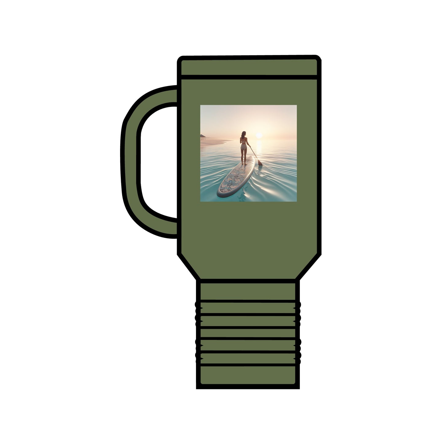 Fantasy Paddleboarding 40oz Insulated Travel Mug in olive green, featuring a serene paddleboarding scene, perfect for adventure enthusiasts and stylish hydration.