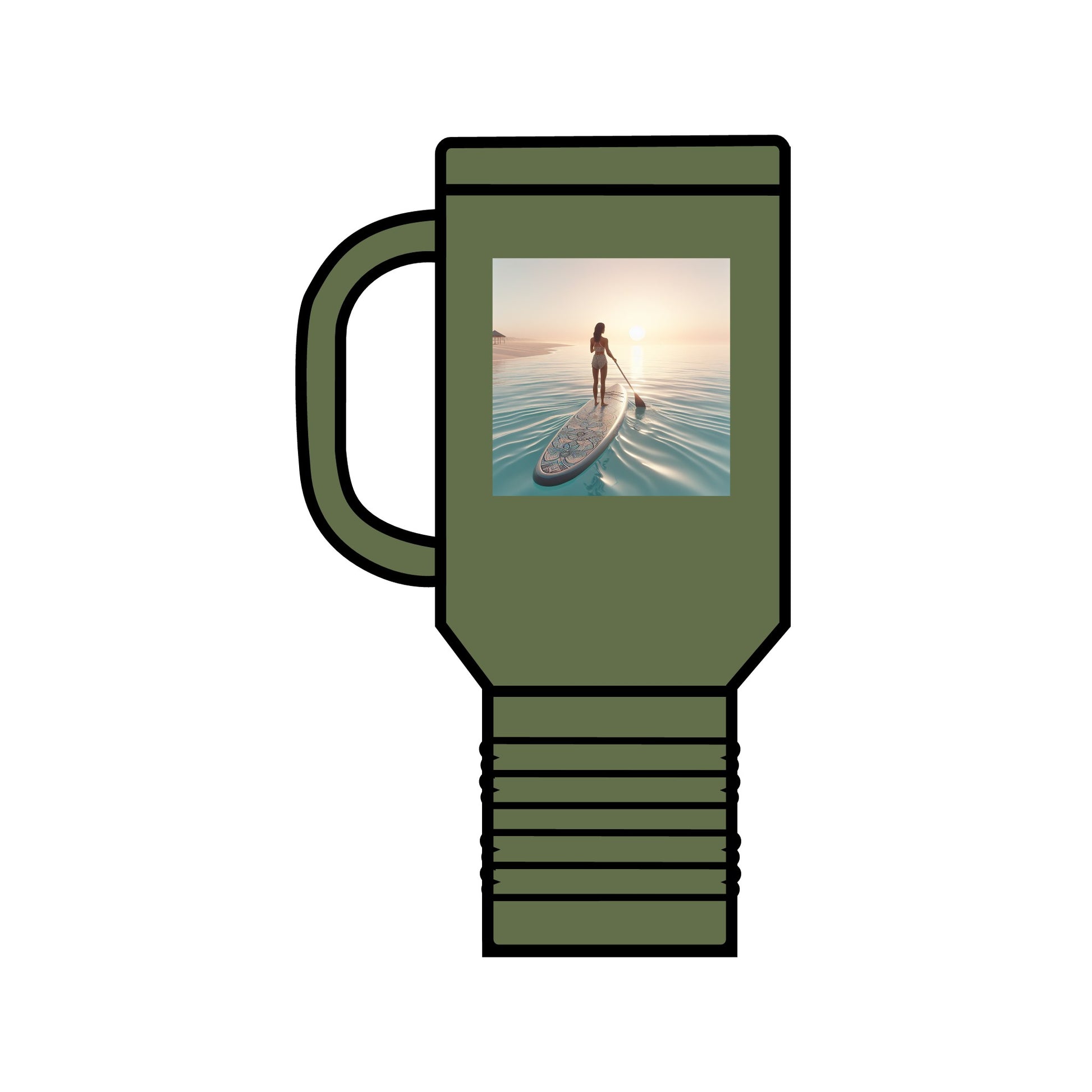 Fantasy Paddleboarding 40oz Insulated Travel Mug in olive green, featuring a serene paddleboarding scene, perfect for adventure enthusiasts and stylish hydration.