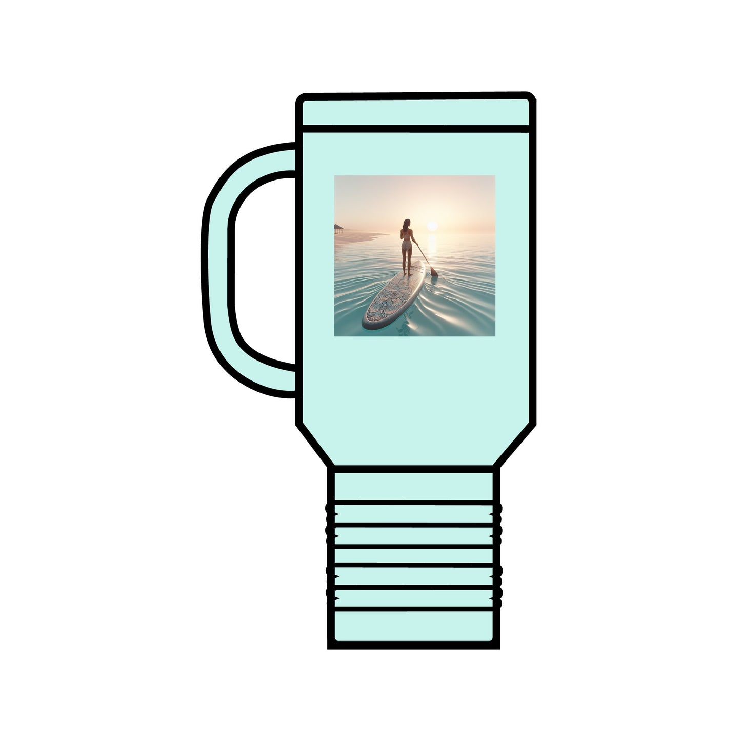 Fantasy Paddleboarding 40oz Insulated Travel Mug in soft mint green, highlighting a tranquil paddleboarding image, ideal for luxury hydration on your outdoor escapades.