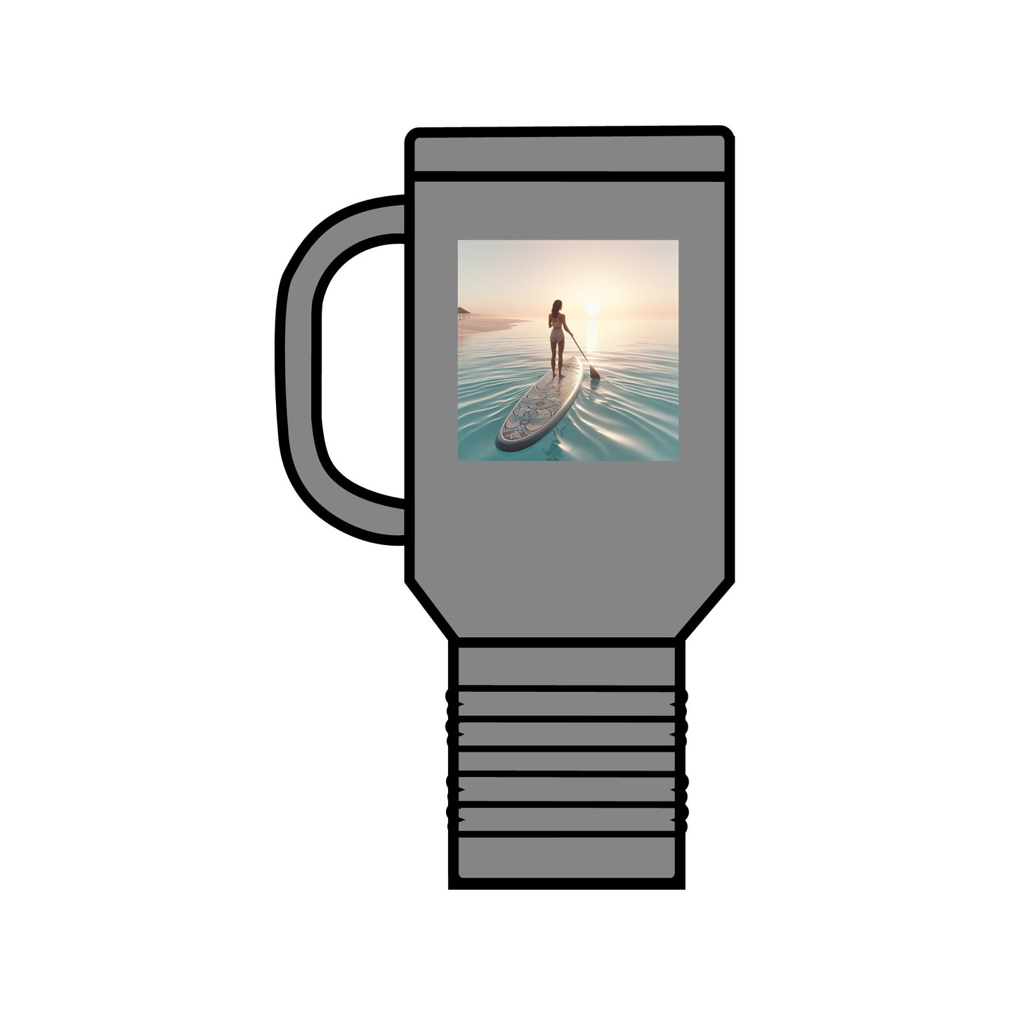 Fantasy Paddleboarding 40oz Insulated Travel Mug in grey, highlighting a captivating paddleboarding image, tailored for the discerning outdoor enthusiast.
