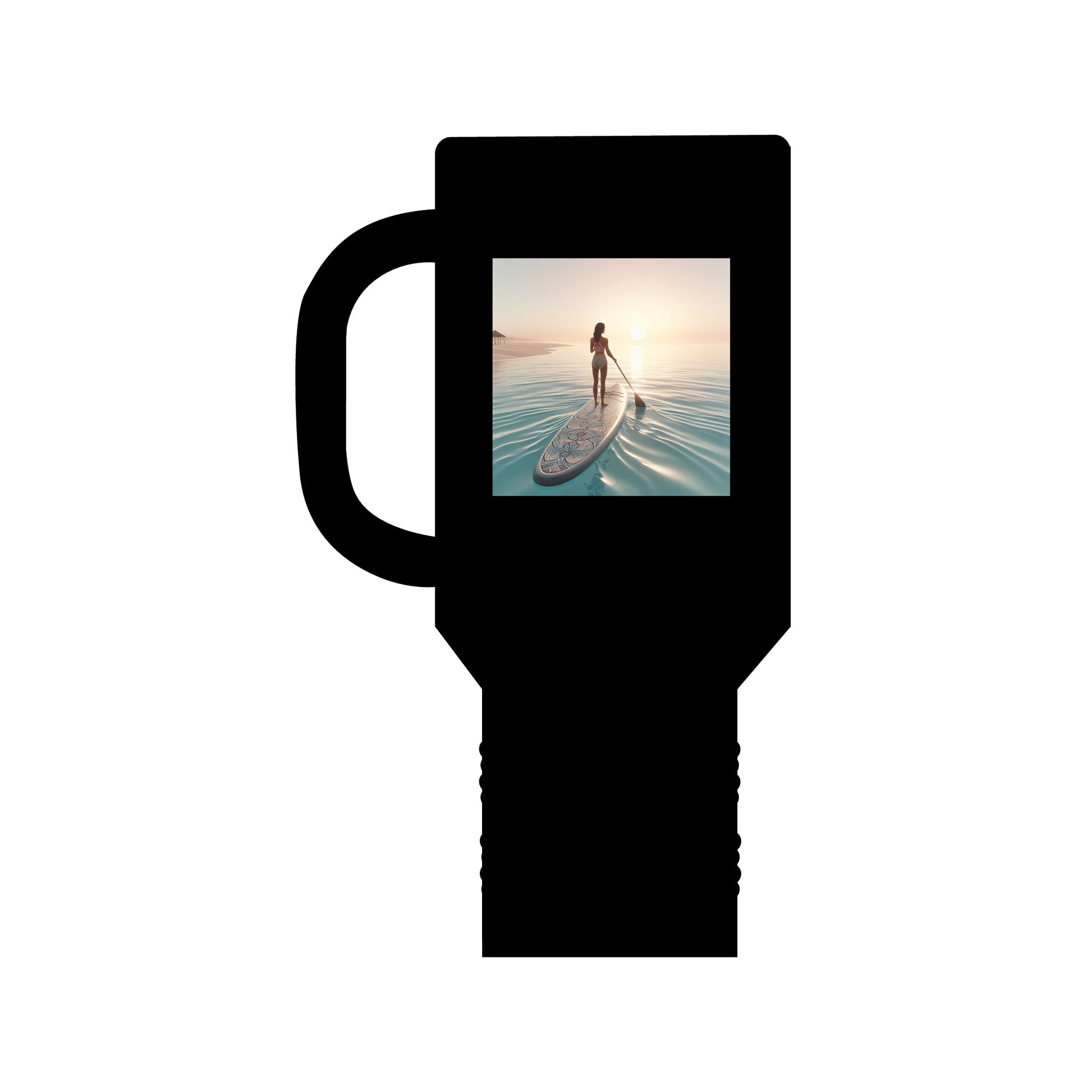 Fantasy Paddleboarding 40oz Insulated Travel Mug in sleek black, showcasing an elegant paddleboarding design, ideal for maintaining beverage temperature during outdoor adventures.