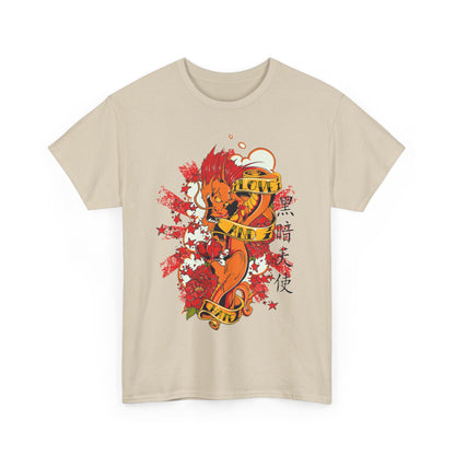 Beige men's t-shirt displaying an artistic dragon and floral print on the front, complemented by 'LOVE AND' text for a unique statement.