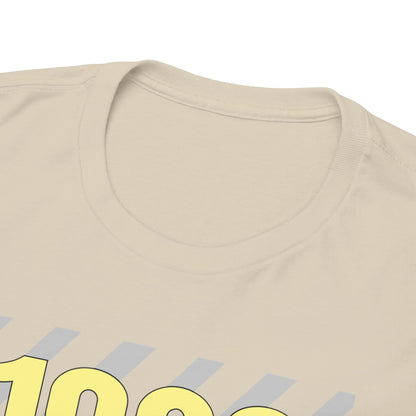 Close-up shot of the neckline of an Aston Martin DB4 GT Zagato men's t-shirt, highlighting its luxurious fabric texture and sophisticated grey and yellow design, perfect for distinguished casual wear.