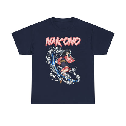 Elegant Makomo anime T-shirt in deep navy, highlighting a captivating water splash artwork. The unique design features Makomo mid-action, dressed in a traditional kimono, making it a must-have for discerning anime fans.