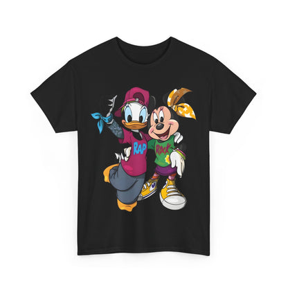 Daisy Duck & Minnie Mouse Unisex Graphic Tee Shirt featuring vibrant hip-hop and rock-and-roll style designs. Daisy in a purple 'RAP' tee and Minnie in a green 'ROCK' tee, exuding youthful energy.