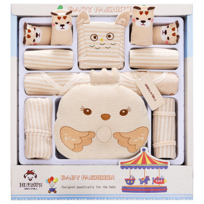Luxury Newborn Cotton Baby Clothes Set beautifully packaged in a gift box, featuring a whimsical design of adorable cartoon animal plush toys and accessories, ideal for infants aged 0 to 1 year.