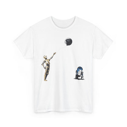Sophisticated Star Wars T-Shirt design depicting C-3PO and R2-D2 interacting with a whimsical Death Star balloon, ideal for adding a touch of humour to luxurious wardrobes.