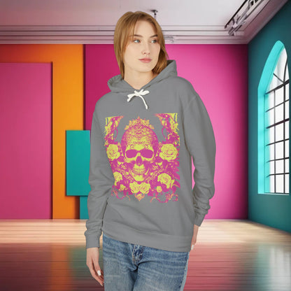 Chic unisex lightweight hooded sweatshirt with a vibrant skull and roses graphic, modeled in a stylish interior setting.