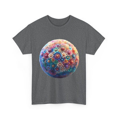 Iridescent Floral Sphere Unisex Cotton Tee Graphic T Shirt featuring a stunning floral sphere design on a dark grey cotton t-shirt.