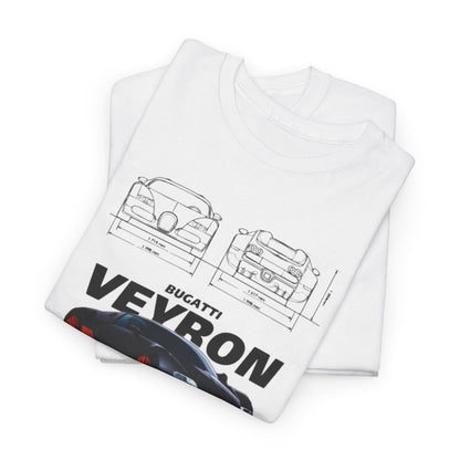 Stacked white T-Shirts displaying Bugatti Veyron design, with blueprints and specs, ideal for showcasing sophisticated automotive art.