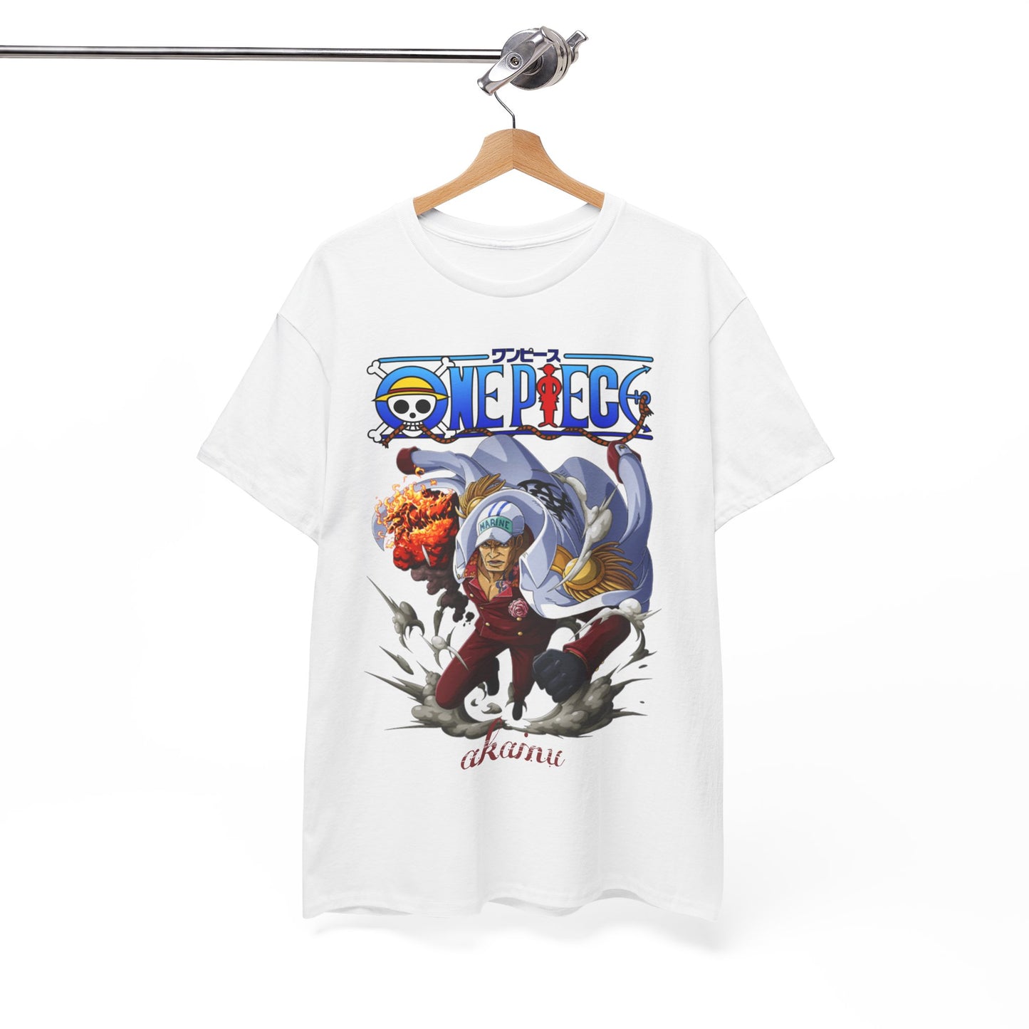 Sophisticated One Piece Akainu T-Shirt hanging on a wooden hanger, highlighting an action-packed graphic of Akainu in his signature Marine attire, accompanied by the iconic One Piece logo, a must-have for luxury anime collectors.