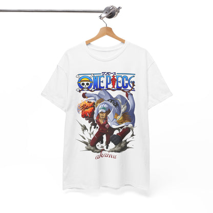 Sophisticated One Piece Akainu T-Shirt hanging on a wooden hanger, highlighting an action-packed graphic of Akainu in his signature Marine attire, accompanied by the iconic One Piece logo, a must-have for luxury anime collectors.