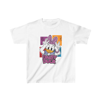 Chic Unisex Kids Daisy Duck Cotton T-Shirt in white, adorned with a colourful depiction of Daisy Duck, combining comfort with high-end style.