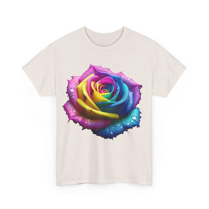 Luxurious front view of the Rainbow Rose Unisex Cotton Tee Graphic T Shirt featuring a vibrant rainbow rose design, embellished with water droplets.