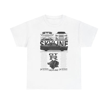 Luxurious Nissan Skyline GT-R graphic t-shirt in white, featuring iconic silhouettes of the legendary sports car, coupled with detailed specifications and artistic design, perfect for automotive enthusiasts.