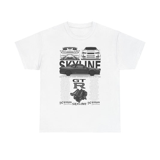 Luxurious Nissan Skyline GT-R graphic t-shirt in white, featuring iconic silhouettes of the legendary sports car, coupled with detailed specifications and artistic design, perfect for automotive enthusiasts.